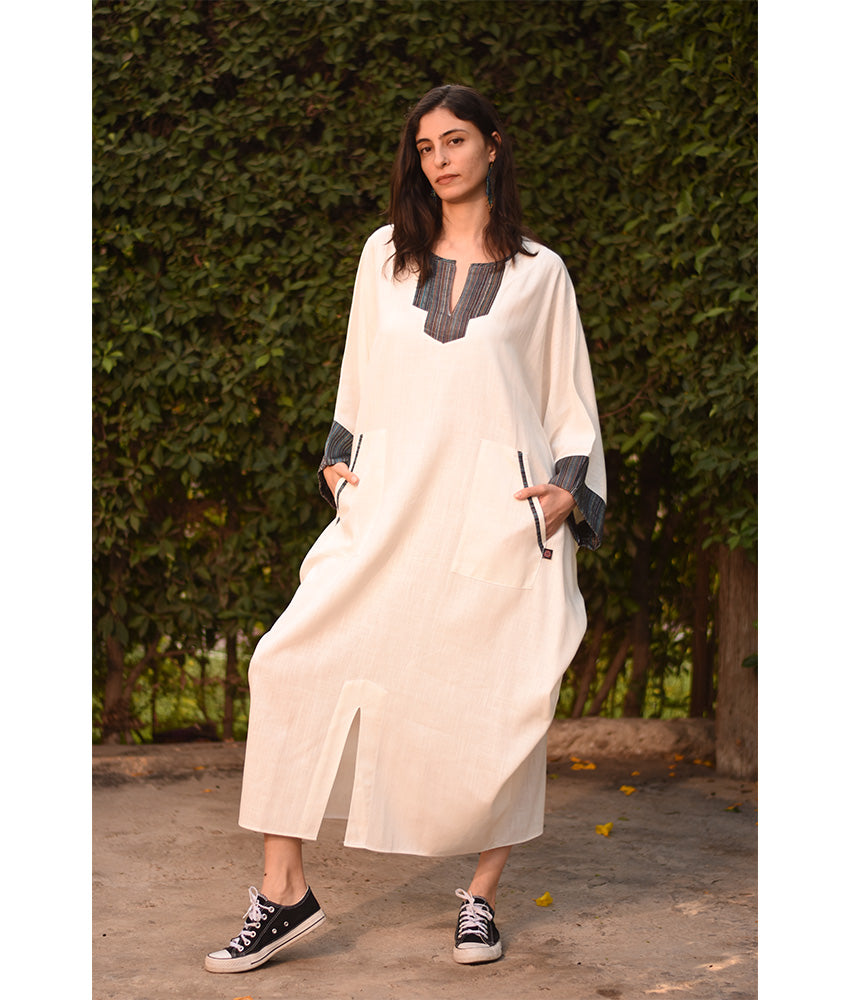 White Linen Kaftan with Silk & Cotton Loom Woven Patches handmade in Egypt & available at Jozee Boutique.