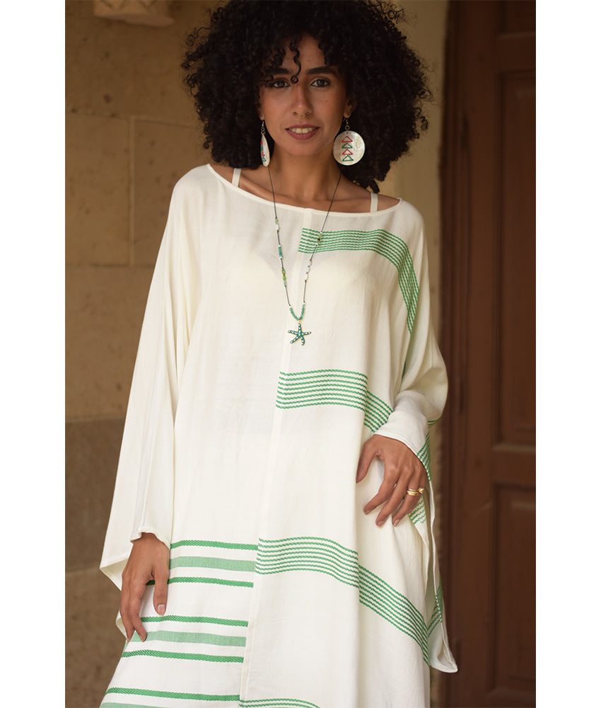 Off white & Green Viscose Midi Dress with Inspired Pattern handmade in Egypt & available at Jozee Boutique.