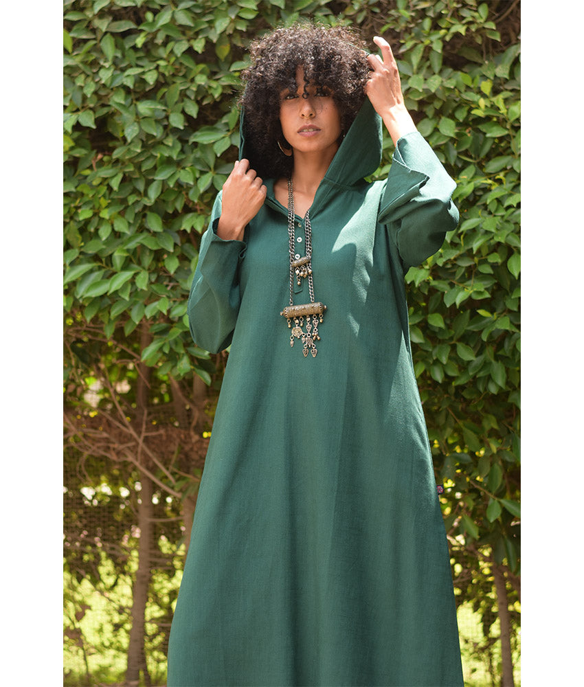 Emerald Green Linen Dress with Hoodie handmade in Egypt & available at Jozee Boutique.