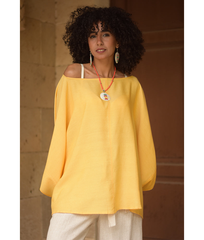 Yellow Viscose Oversized Top with Flowing Silhouette handmade in Egypt & available at Jozee Boutique.