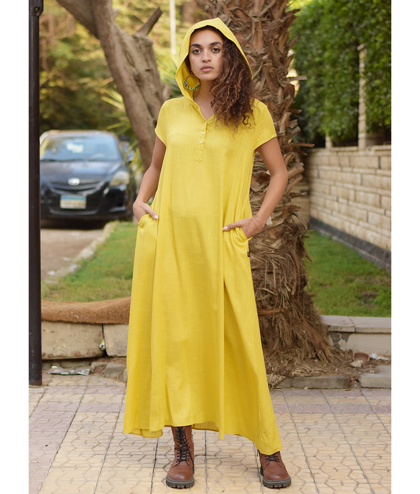 Mustard Linen Dress with Hoodie handmade in Egypt & available at Jozee Boutique.
