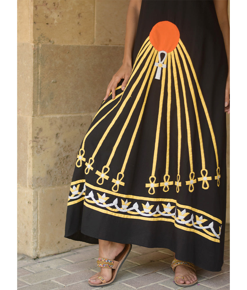 Black Linen Dress with Khyamia Ancient Egyptian Crafts Patchwork handmade in Egypt & available at Jozee Boutique.