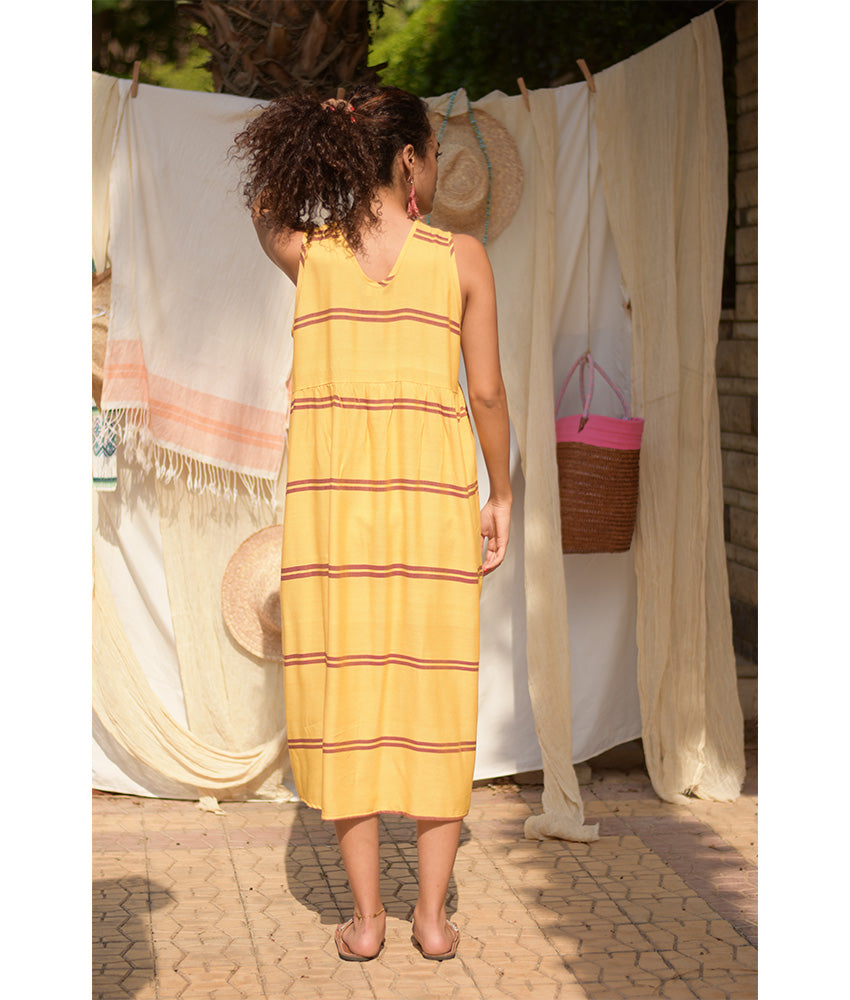 Yellow Viscose Midi Sleeveless Dress handmade in Egypt & available at Jozee Boutique.