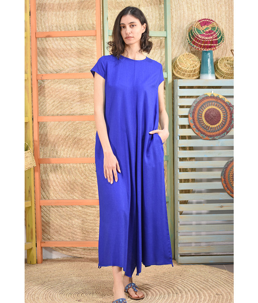 Electric blue Linen Tent Dress With Side Buttons handmade in Egypt & available at Jozee boutique