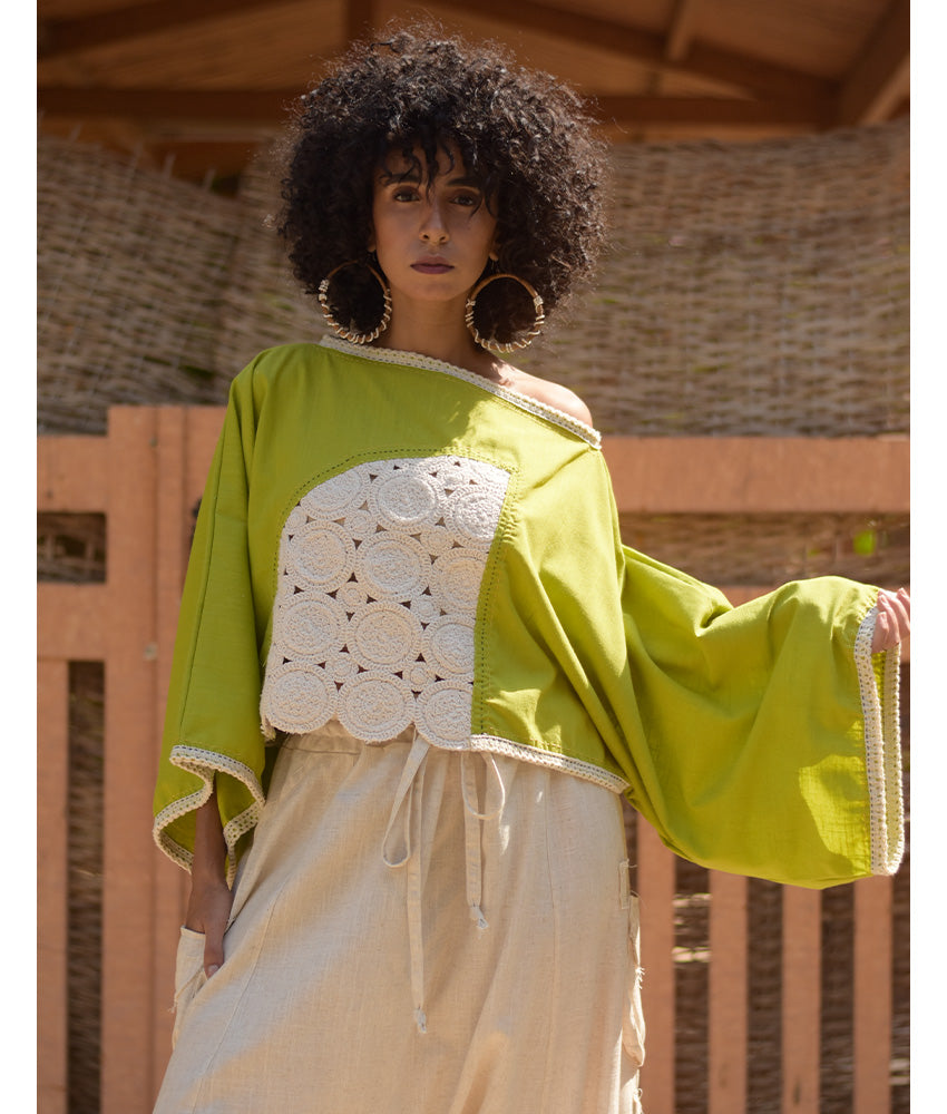 Lemon Green Linen Top with Hand Embroideries handmade in Egypt & available at Jozee Boutique.handmade in Egypt & available at Jozee Boutique.