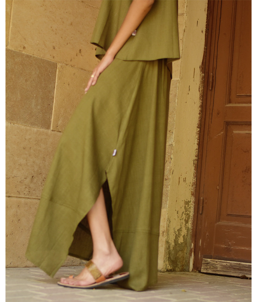 Olive green Linen Draped Wide-Leg Pants handmade in Egypt & available in Jozee boutique