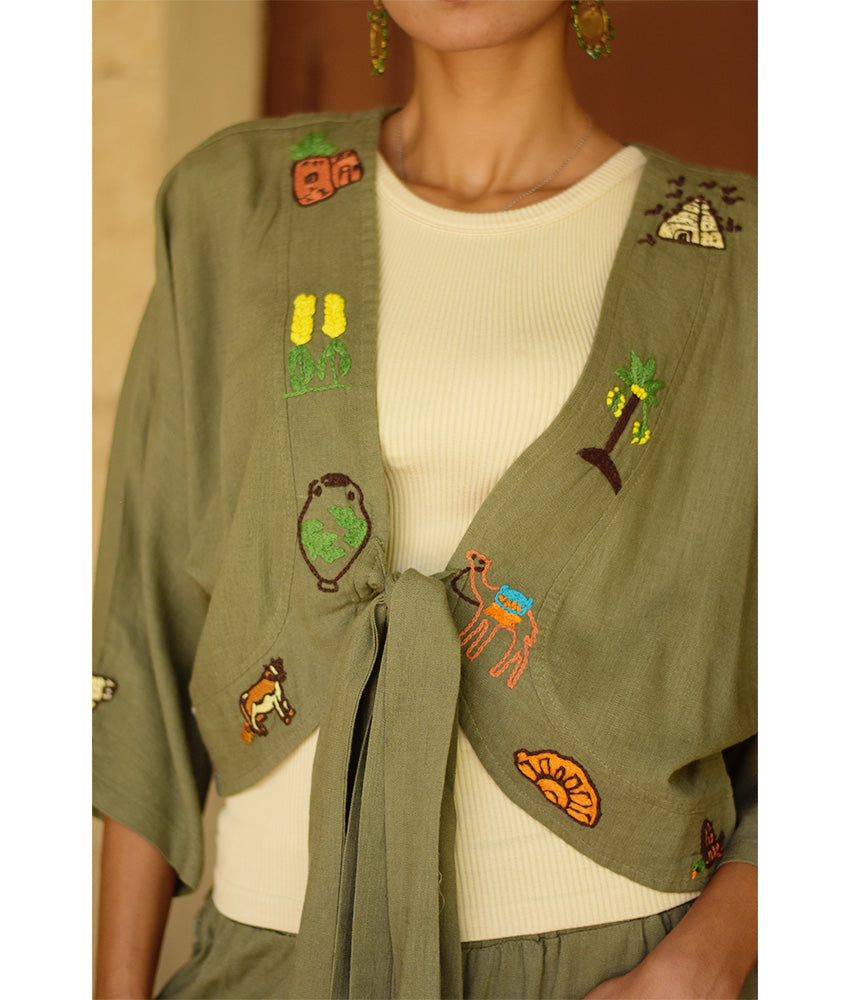 Olive Embroidered Linen Cotton Mix Bolero/Top & Pants Set handmade in Egypt & available in Jozee boutique