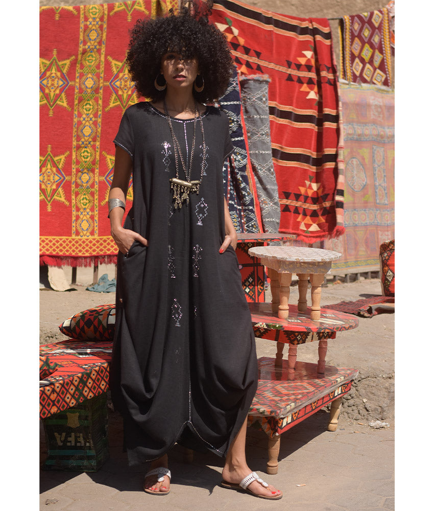 Black Linen Dress with silver Tally Embroideries handmade in Egypt & available at Jozee boutique