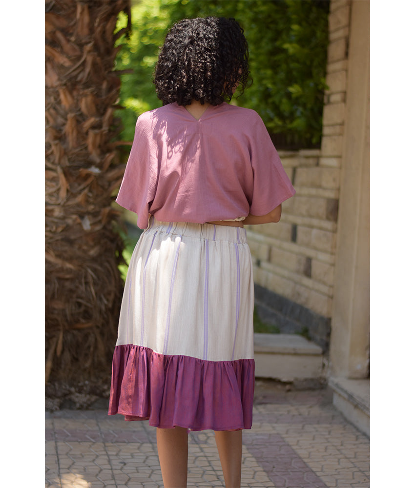 Beige & Purple Handwoven Short Ruffle Skirt handmade in Egypt & available at Jozee Boutique.