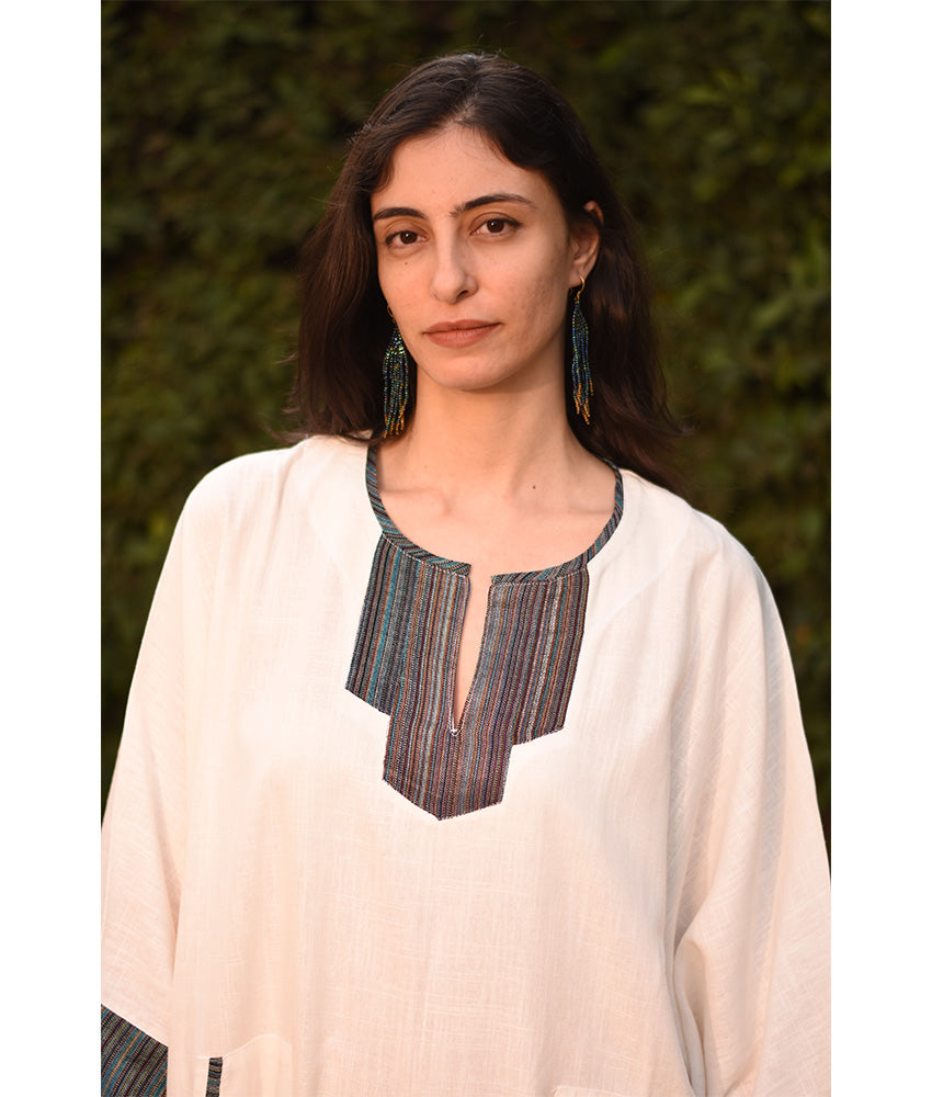White Linen Kaftan with Silk & Cotton Loom Woven Patches handmade in Egypt & available at Jozee Boutique.