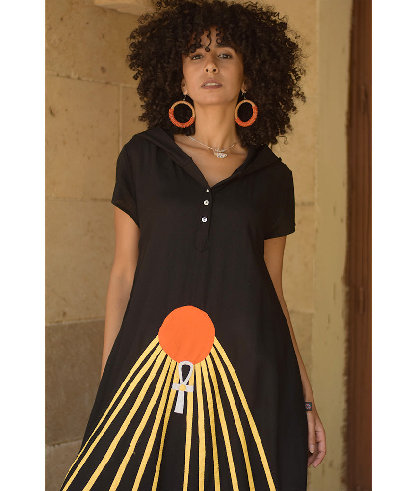 Black Linen Dress with Khyamia Ancient Egyptian Crafts Patchwork handmade in Egypt & available at Jozee Boutique.