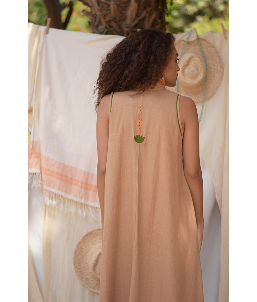 Dark Beige Linen Dress with Hand Embroideries handmade in Egypt & available at Jozee Boutique.