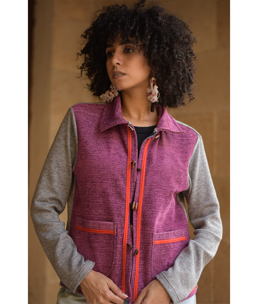 Grey & Fuchsia Cropped Akhmim Loomwoven Jacket handmade in Egypt & available at Jozee Boutique.handmade in Egypt & available at Jozee Boutique.