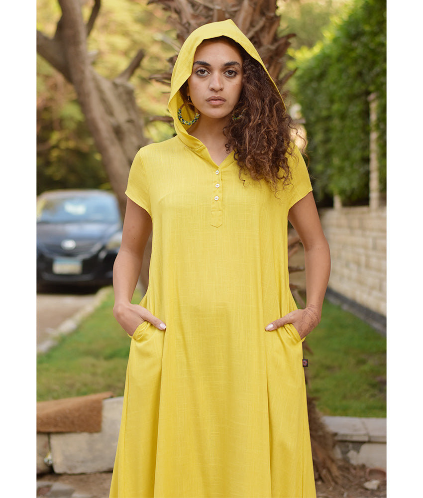Mustard Linen Dress with Hoodie handmade in Egypt & available at Jozee Boutique.