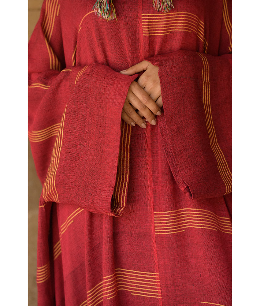 Burgundy & Mustard Stripped Viscose Kaftan with Hoodie handmade in Egypt & available at Jozee Boutique.