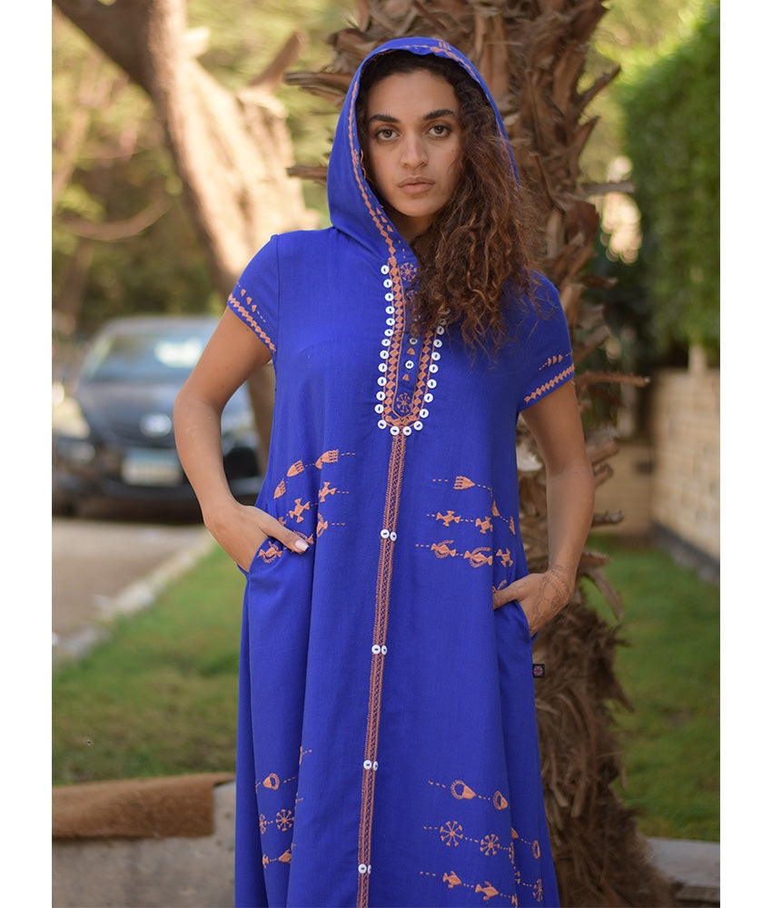 Electric Blue Siwa Embroidered Linen Dress with Hoodie handmade in Egypt & available at Jozee Boutique.