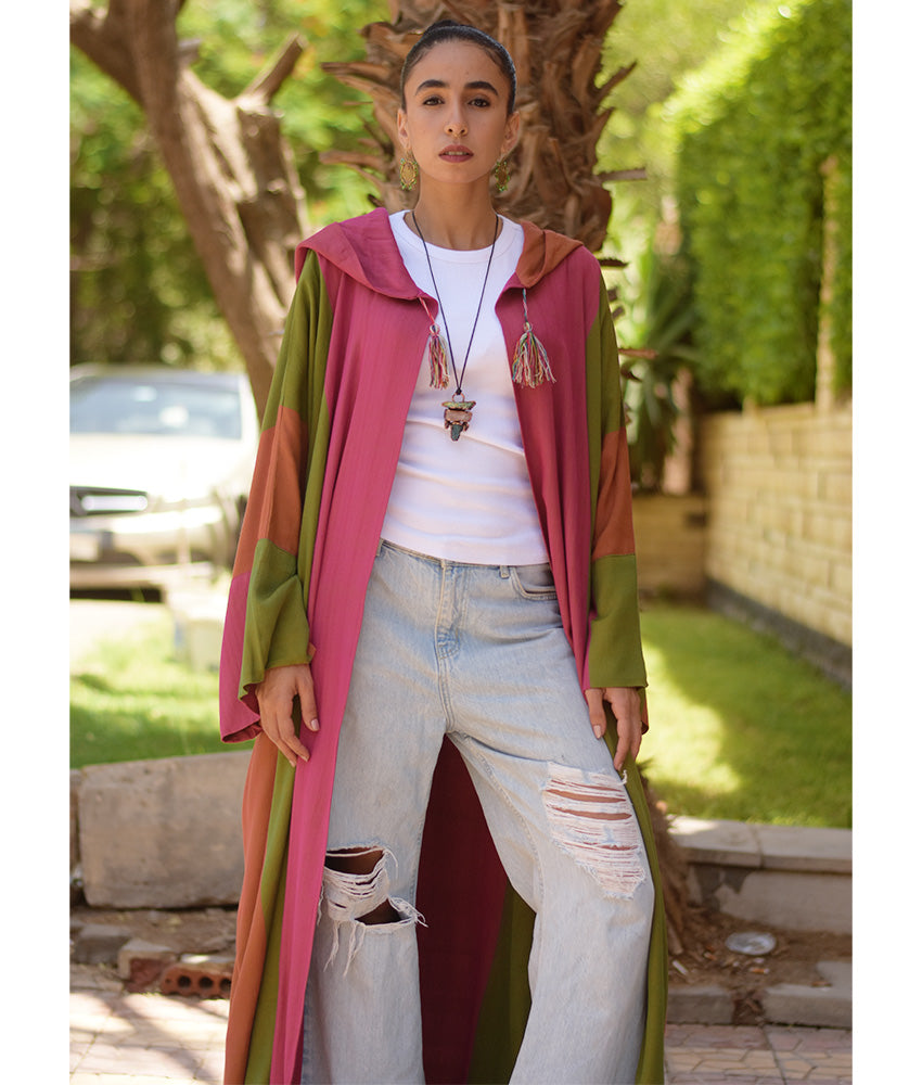 Pink, Green & Orange Viscose Cardigan with Hoodie handmade in Egypt & available at Jozee Boutique.