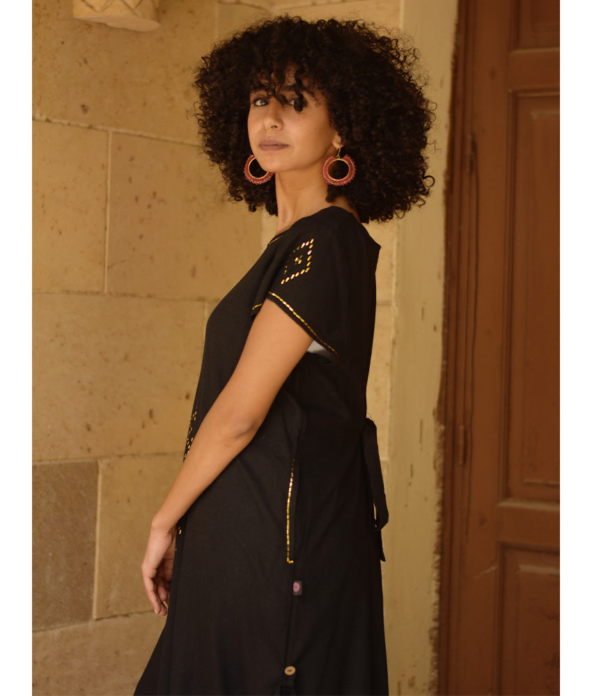 Black Linen Dress with Gold Tally Embroideries handmade in Egypt & available at Jozee boutique