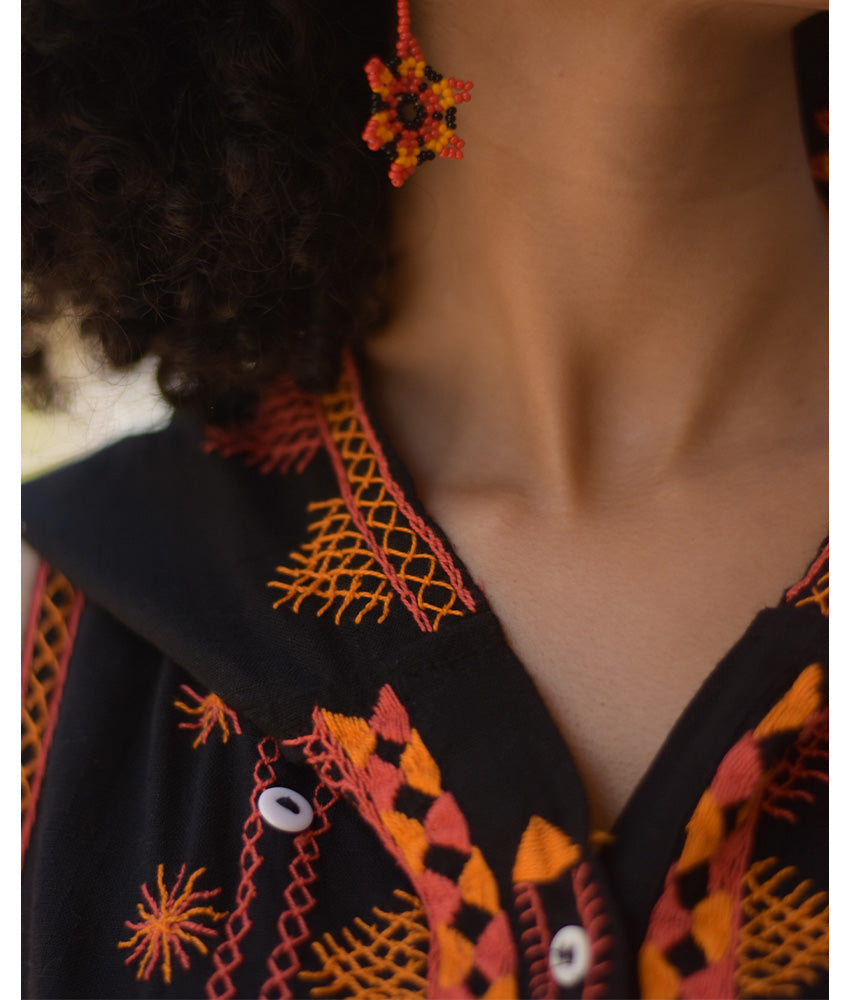 Black Siwa Heavily Embroidered Linen Dress with Hoodie handmade in Egypt & available at Jozee Boutique.