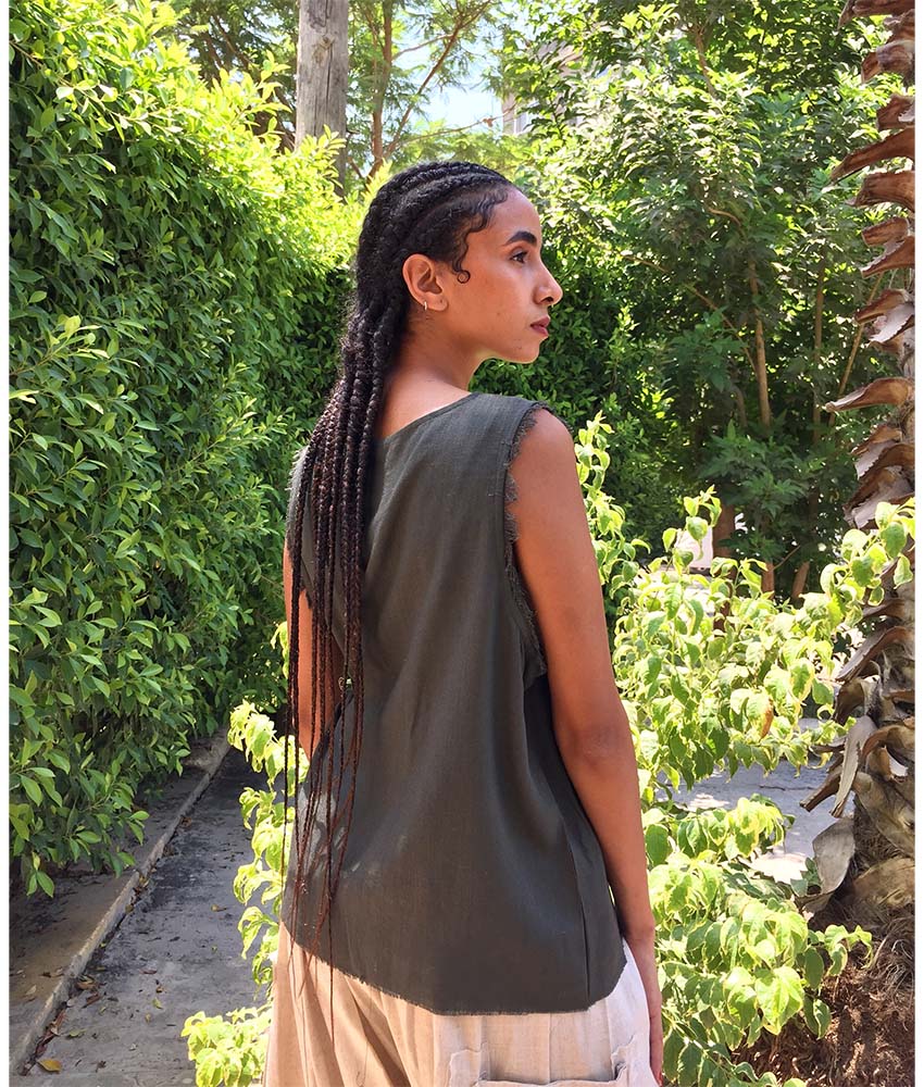 Army Green Linen Top handmade in Egypt & available in Jozee boutique