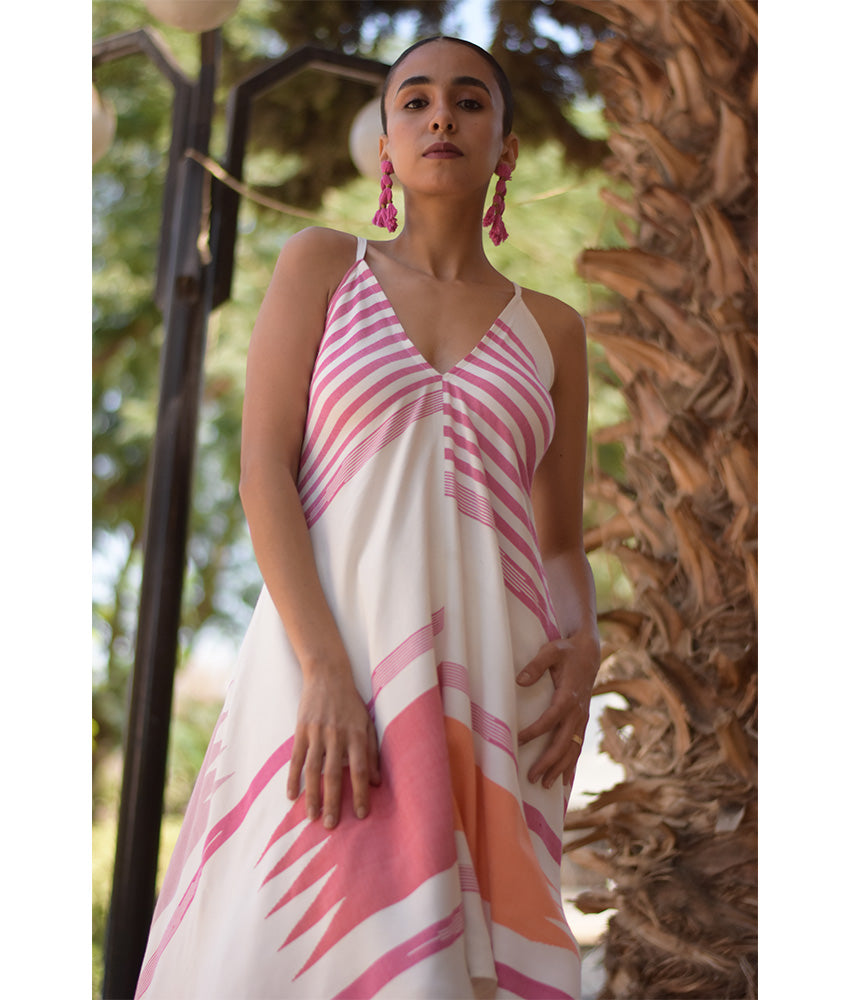 Fuchsia & white Backless Viscose Midi Dress made in Egypt & available in Jozee boutique