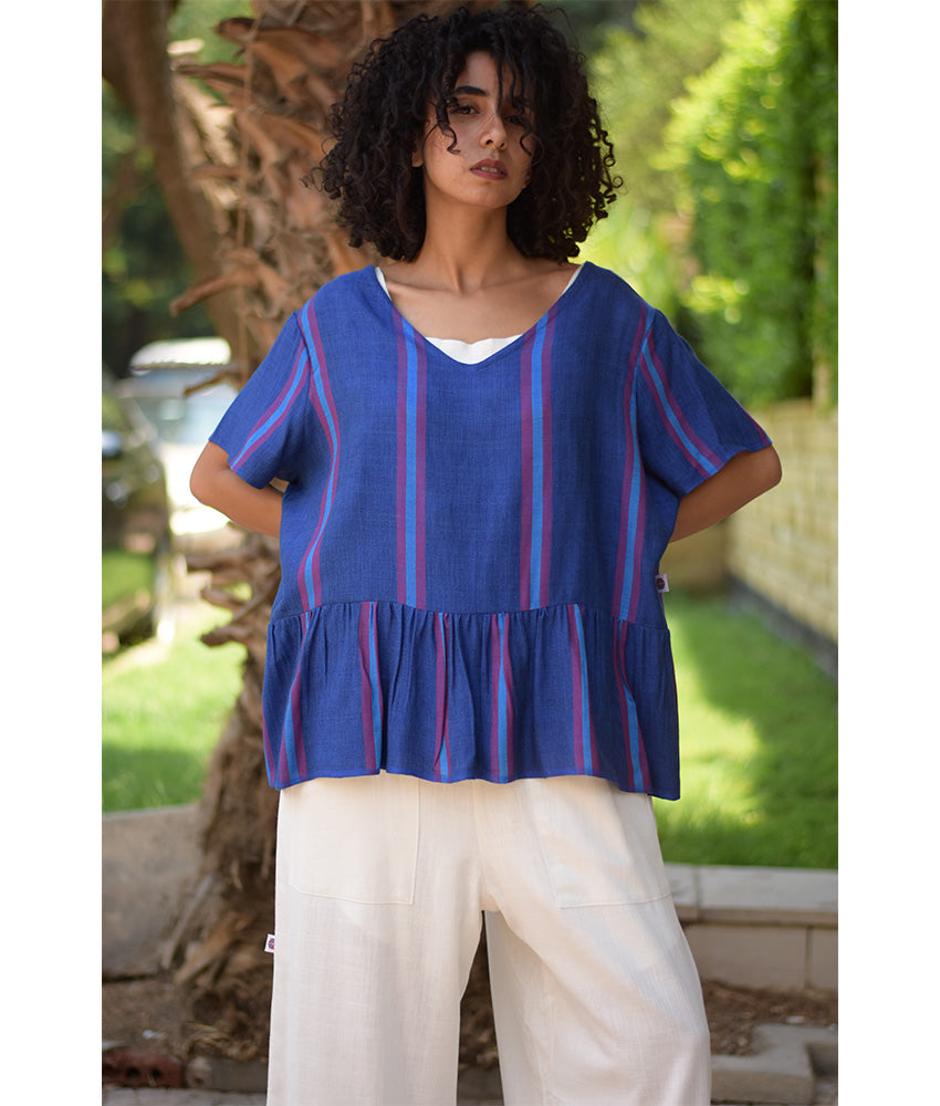 BlueHandwoven Ruffle Top handmade in Egypt & available in Jozee boutique
