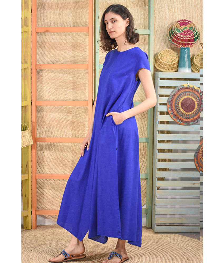 Electric blue Linen Tent Dress With Side Buttons handmade in Egypt & available at Jozee boutique