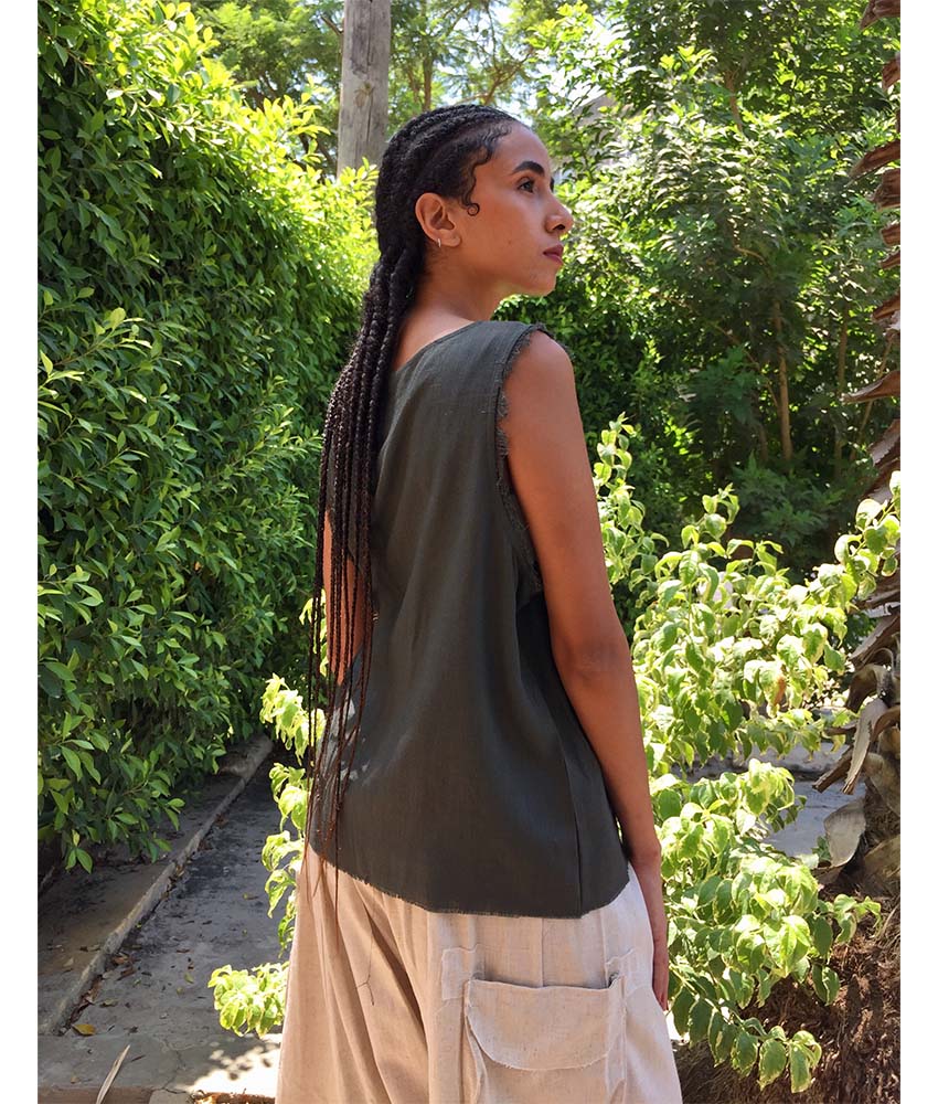 Army Green Linen Top handmade in Egypt & available in Jozee boutique