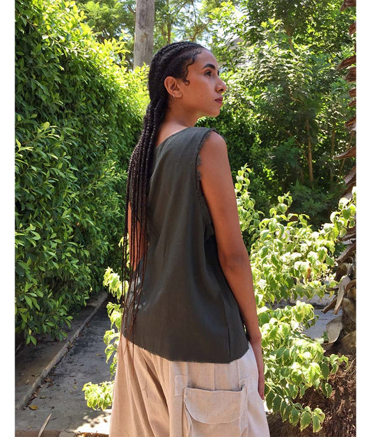 Army Green Linen Top handmade in Egypt & available in Jozee boutique