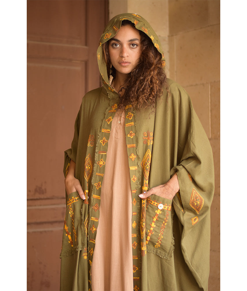 Army green Siwa Embroidered Linen Cardigan/Abaya with Hoodie handmade in Egypt & available at Jozee Boutique.