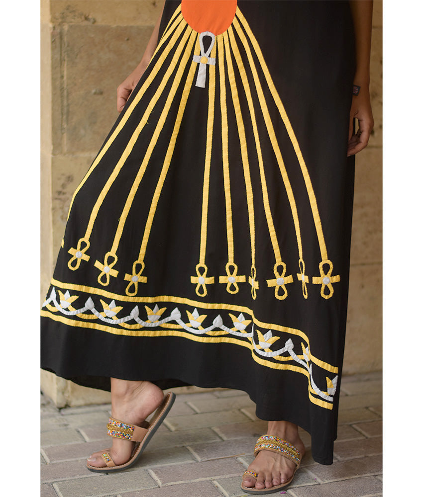 Black Linen Dress with Khyamia Ancient Egyptian Crafts Patchwork handmade in Egypt & available at Jozee Boutique.