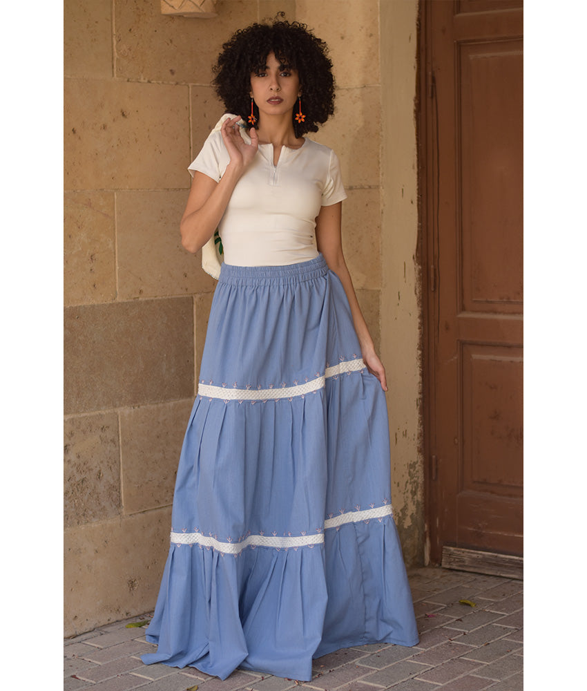 baby blue & White Linen Skirt with Hand Embroideries handmade in Egypt & available at Jozee Boutique.
