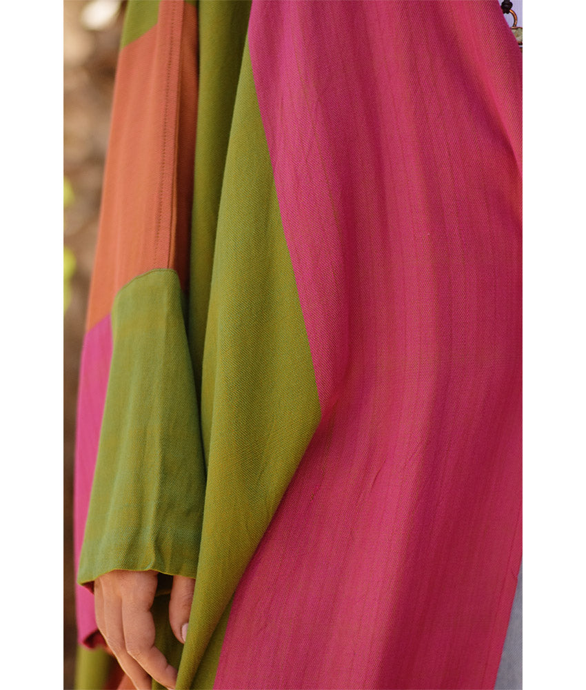 Pink, Green & Orange Viscose Cardigan with Hoodie handmade in Egypt & available at Jozee Boutique.