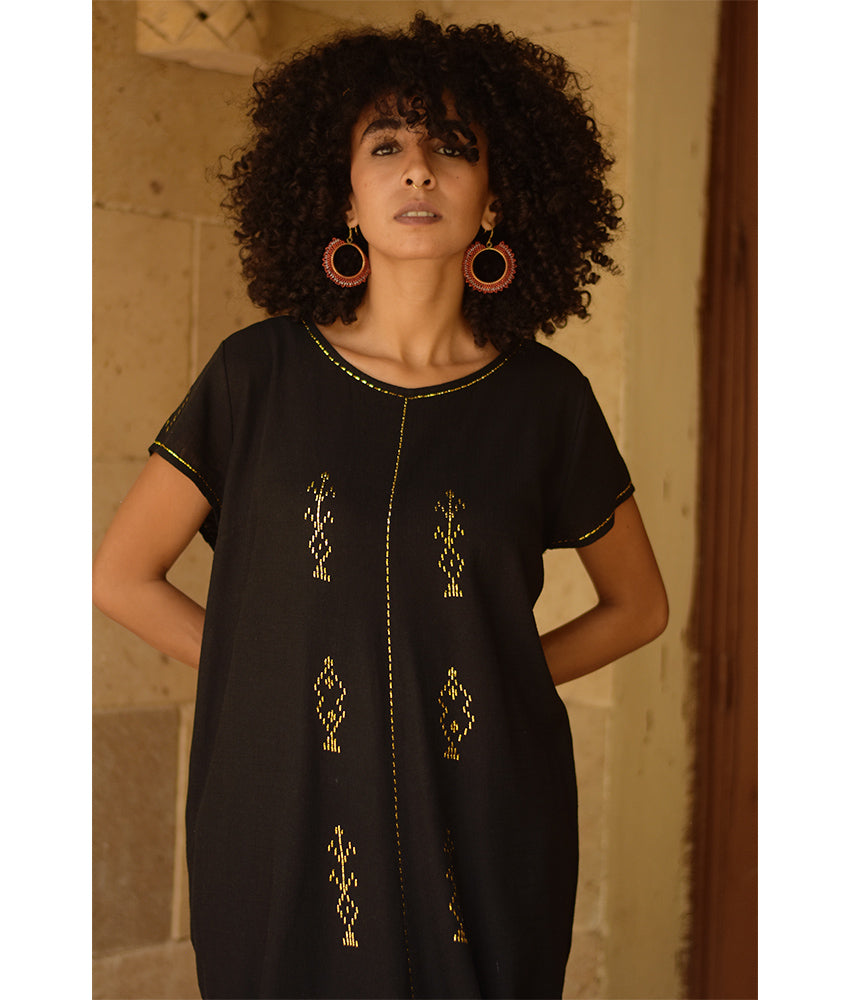 Black Linen Dress with Gold Tally Embroideries handmade in Egypt & available at Jozee boutique