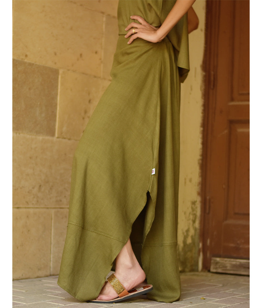 Olive green Linen Draped Wide-Leg Pants handmade in Egypt & available in Jozee boutique