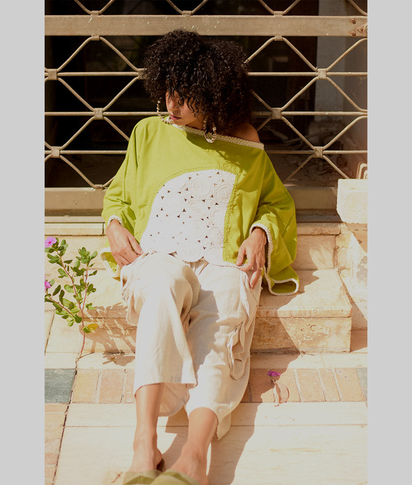 Lemon Green Linen Top with Hand Embroideries handmade in Egypt & available at Jozee Boutique.handmade in Egypt & available at Jozee Boutique.