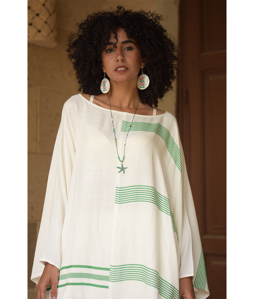 Off white & Green Viscose Midi Dress with Inspired Pattern handmade in Egypt & available at Jozee Boutique.