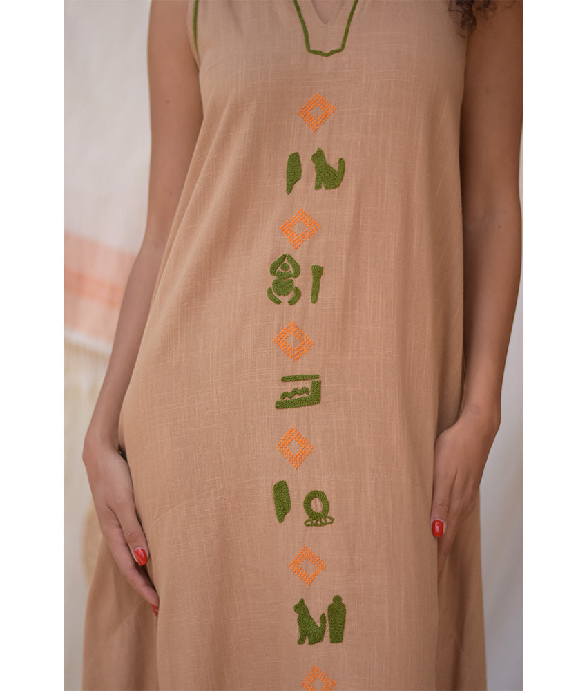 Dark Beige Linen Dress with Hand Embroideries handmade in Egypt & available at Jozee Boutique.
