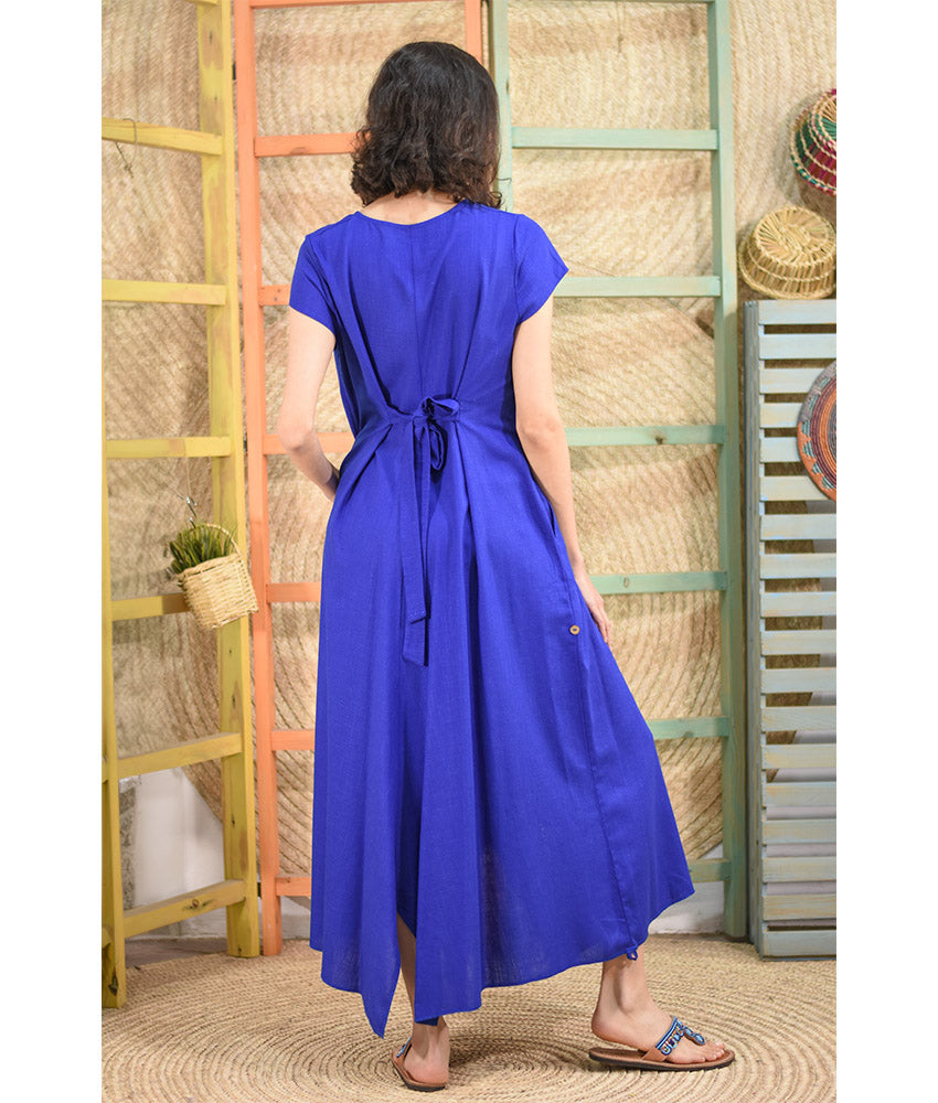 Electric blue Linen Tent Dress With Side Buttons handmade in Egypt & available at Jozee boutique