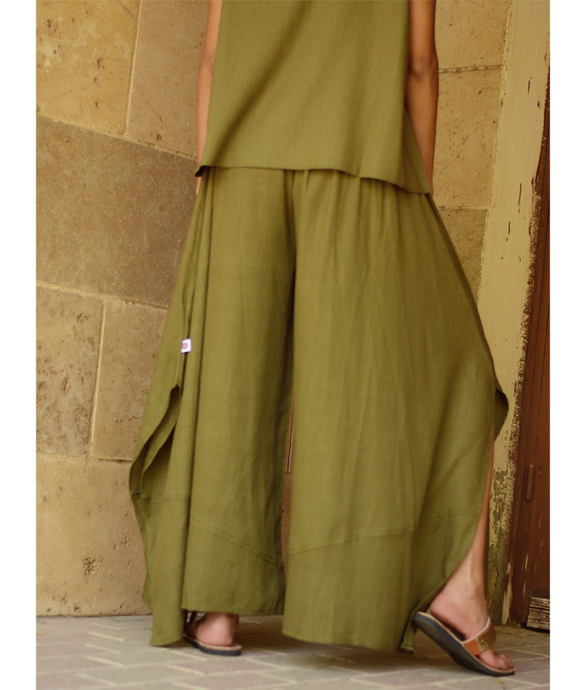 Olive green Linen Draped Wide-Leg Pants handmade in Egypt & available in Jozee boutique