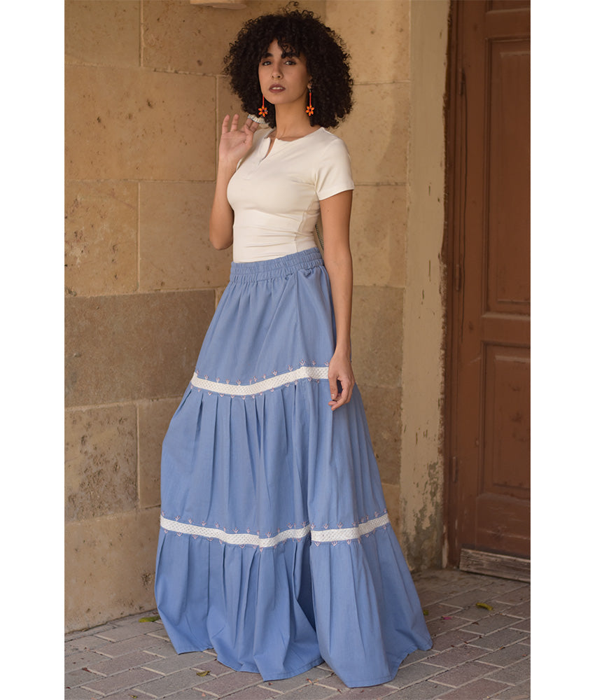 baby blue & White Linen Skirt with Hand Embroideries handmade in Egypt & available at Jozee Boutique.