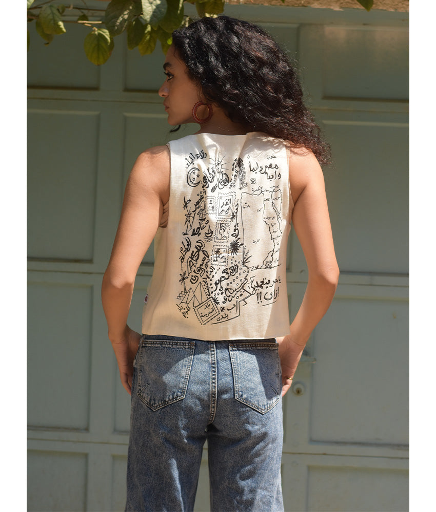 Off-White El Mahrousa Linen Wrap Vest handmade in Egypt & available at Jozee Boutique.