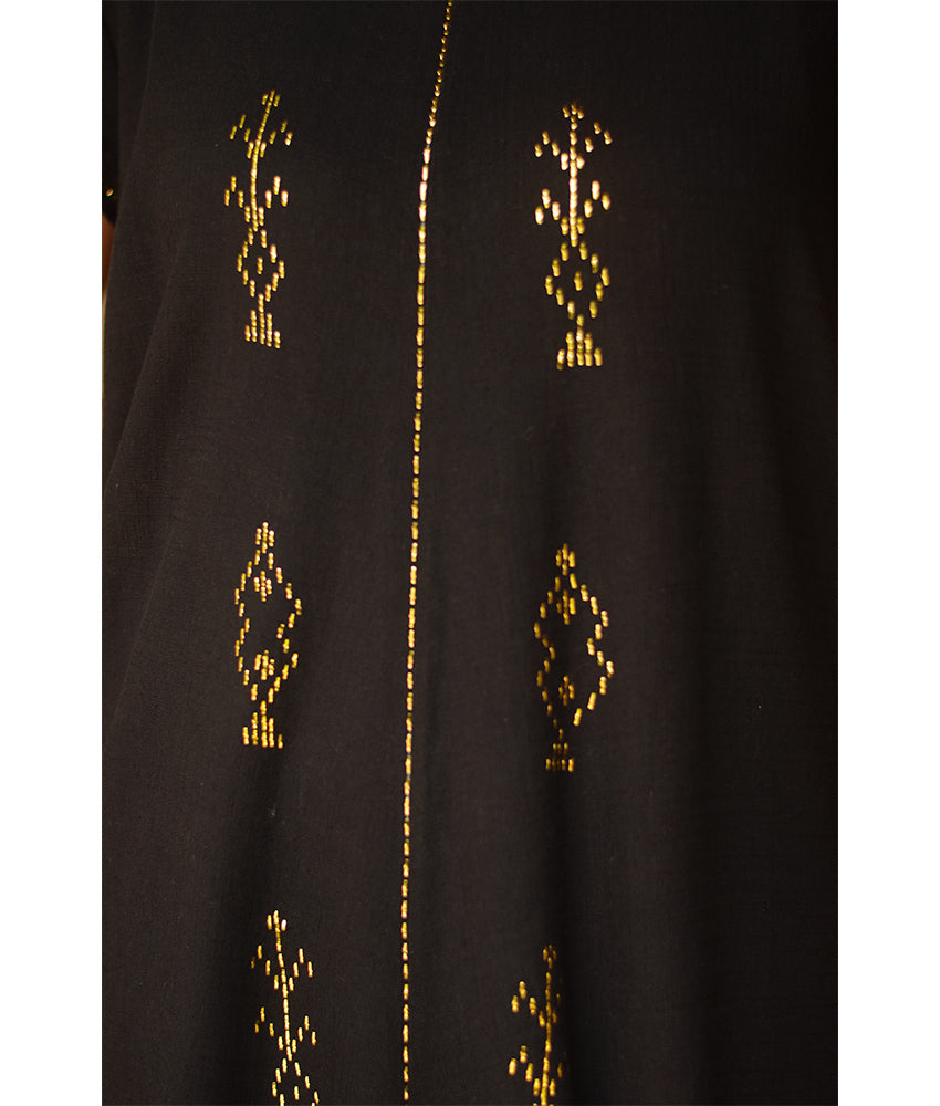 Black Linen Dress with Gold Tally Embroideries handmade in Egypt & available at Jozee boutique