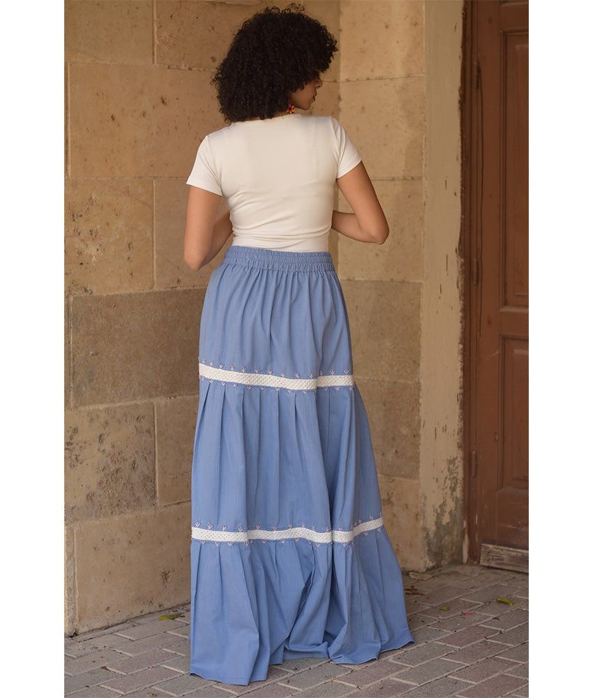 baby blue & White Linen Skirt with Hand Embroideries handmade in Egypt & available at Jozee Boutique.
