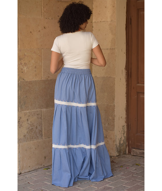 baby blue & White Linen Skirt with Hand Embroideries handmade in Egypt & available at Jozee Boutique.