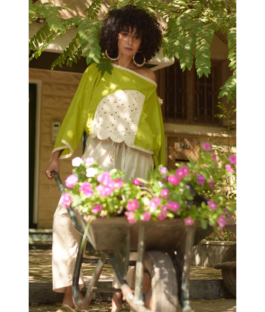 Lemon Green Linen Top with Hand Embroideries handmade in Egypt & available at Jozee Boutique.handmade in Egypt & available at Jozee Boutique.