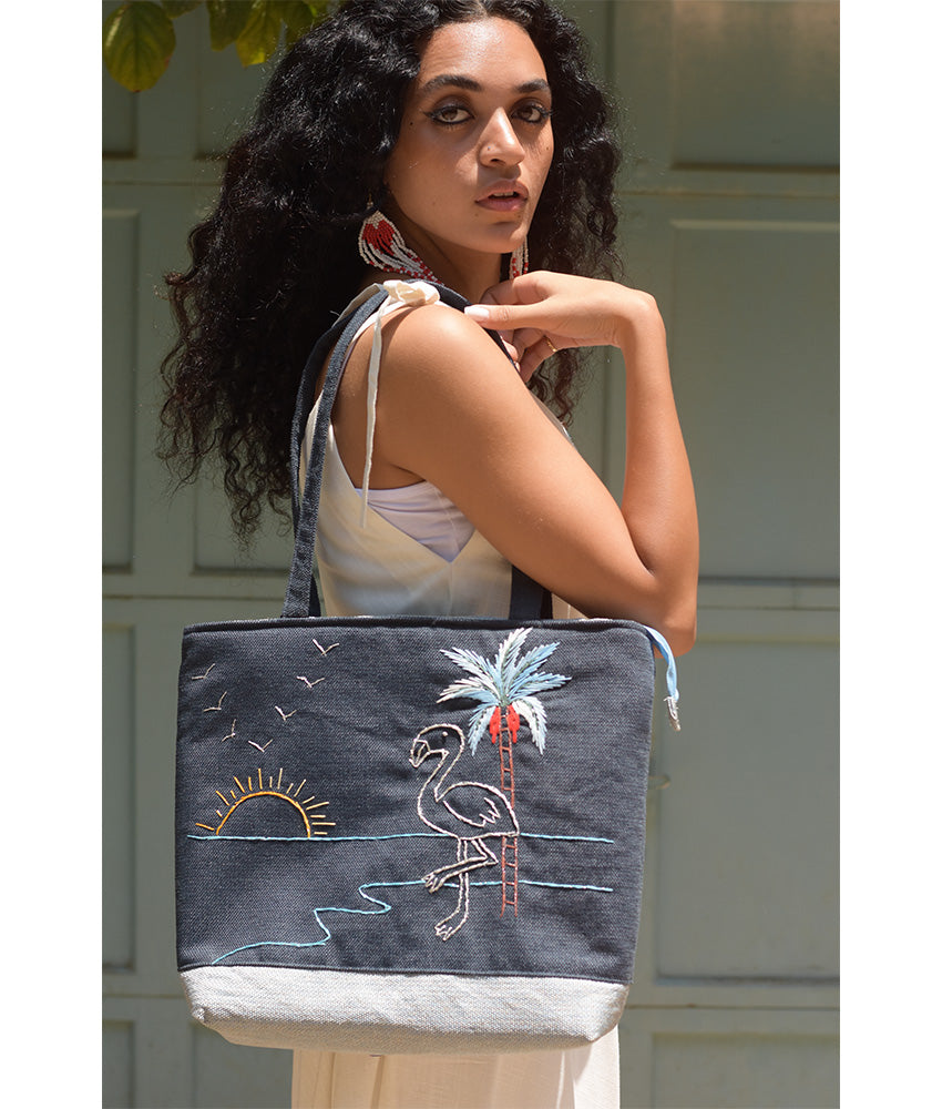 Grey Embroidered Palm Linen Tote Bag handmade in Egypt & available at Jozee Boutique.handmade in Egypt & available at Jozee Boutique.