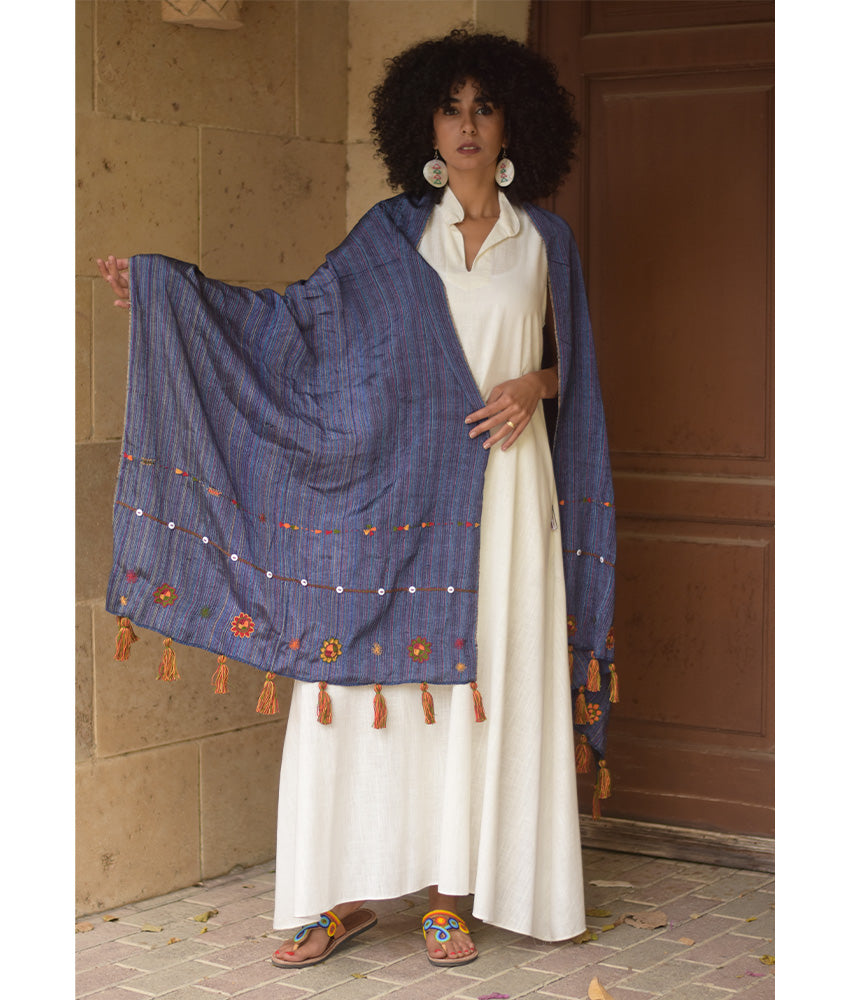 Royal Blue Silk & Cotton Siwa Embroidered Shawl Handmade in Egypt & available at Jozee Boutique