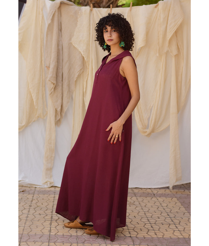 Burgundy Linen Dress with Hoodie handmade in Egypt & available at Jozee Boutique.