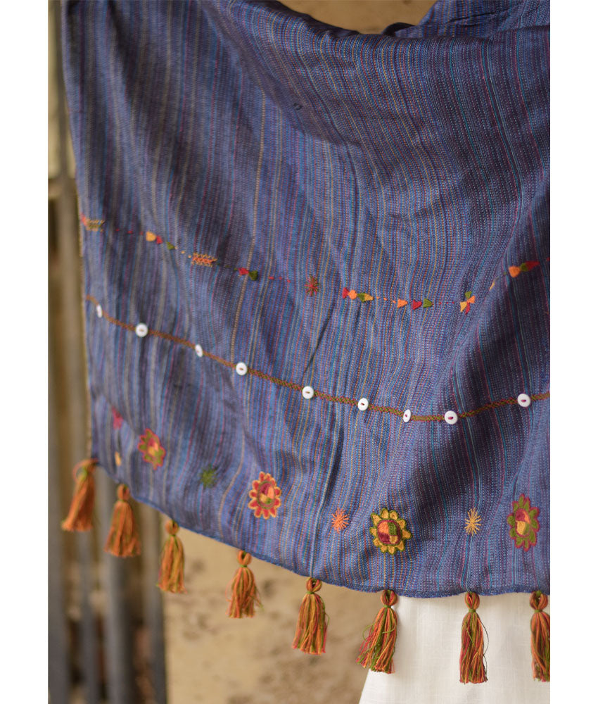 Royal Blue Silk & Cotton Siwa Embroidered Shawl Handmade in Egypt & available at Jozee Boutique